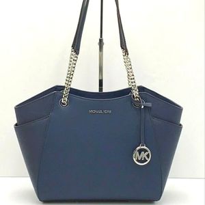 Michael Michael Kors Jet Large Leather Travel Tote Silver Navy NEW Chain Strap
